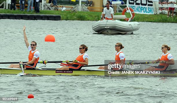 Netherlands team Chantal Achtenberger, Nienke Kingma, Carline Bouw, Femke Dekker compete in the final of the women's four competition of the World...