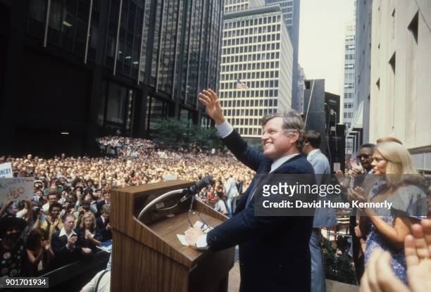 Presidential candidate Senator Ted Kennedy outside of the Waldorf Astoria Hotel after the Broadway for Kennedy Benefit Campaign rally in New York,...