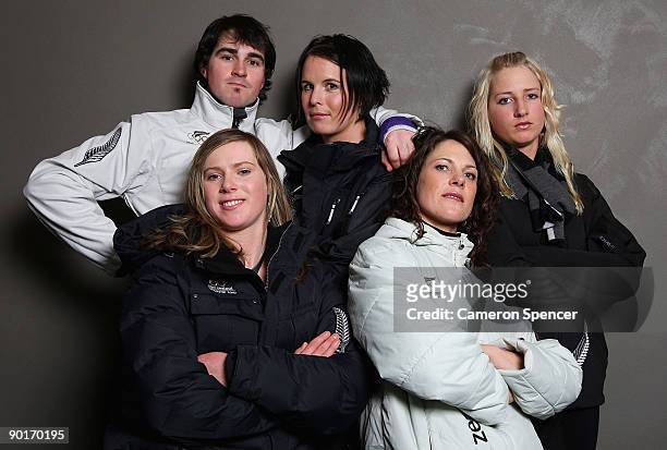 New Zealand Winter Olympic hopefuls Mitchey Greig, Tim Cafe, Paula Mitchell, Juliane Bray and Rebecca Sinclair pose during the New Zealand Olympic...
