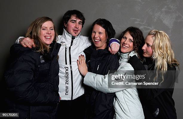 New Zealand Winter Olympic hopefuls Mitchey Greig, Tim Cafe, Paula Mitchell, Juliane Bray and Rebecca Sinclair pose during the New Zealand Olympic...