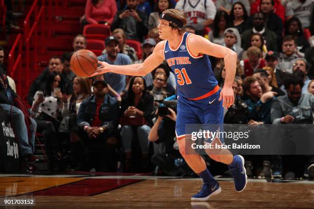 Ron Baker of the New York Knicks passes the ball against the Miami Heat on January 5, 2018 at American Airlines Arena in Miami, Florida. NOTE TO...