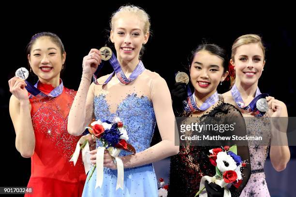 Mirai Nagasu, Bradie Tennell, Karen Chen and Ashley Wagner pose on the medals podium after the Championship Ladies during the 2018 Prudential U.S....