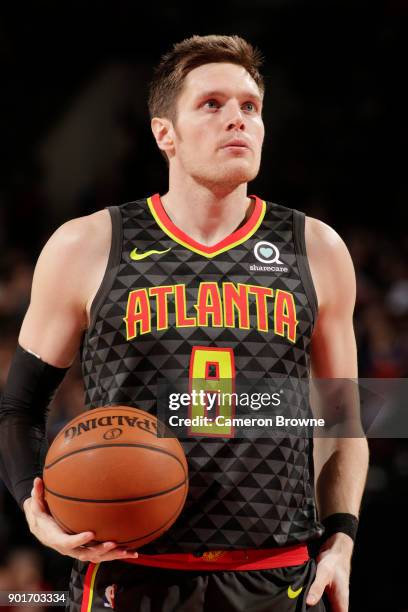 Luke Babbitt of the Atlanta Hawks prepares to shoot a free throw against the Portland Trail Blazers on January 5, 2018 at the Moda Center in...