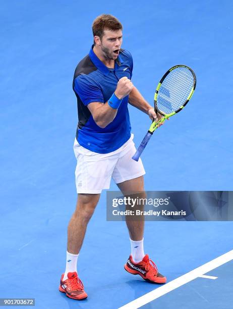 Ryan Harrison of USA celebrates winning a break point in his semi final match against Alex de Minaur of Australia during day seven of the 2018...