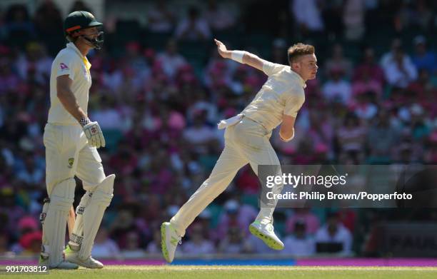 Mason Crane of England bowls during the third day of the fifth Ashes cricket test match between Australia and England at the Sydney Cricket Ground on...