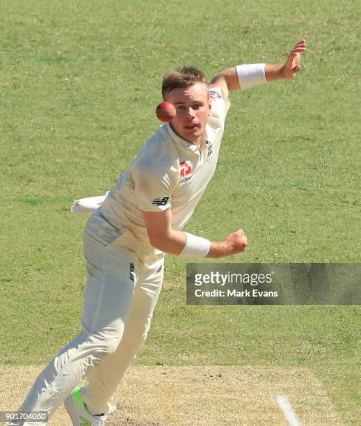 Mason Crane of England bowls during day three of the Fifth Test match in the 2017/18 Ashes Series between Australia and England at Sydney Cricket...
