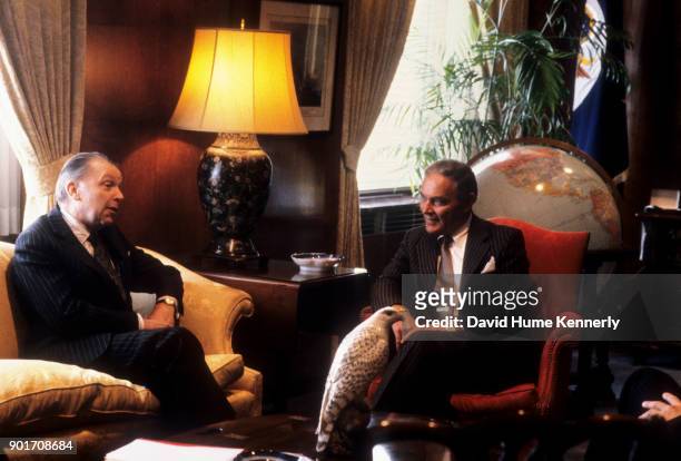 Secretary of State Alexander Haig speaks with Britain's Foreign Secretary Francis Pym discussing the Falklands Crisis, Washington, DC, April 1983.