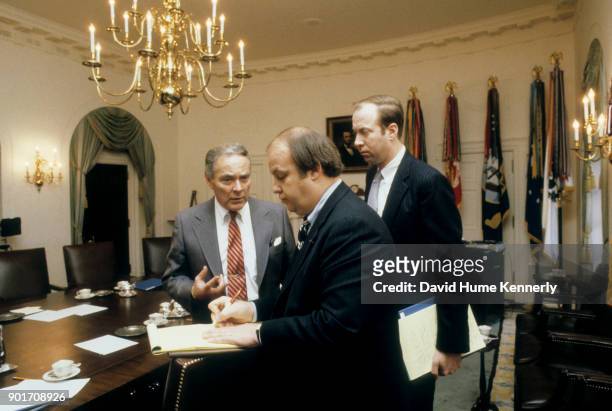 The first cabinet meeting with Secretary of State Alexander Haig and White House Press Secretary James Brady, Washington, DC, January 1982.