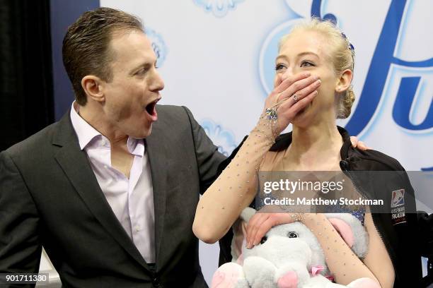 Bradie Tennell celebrates in the kiss and cry with coach Jeremy Allen after the Ladies Free Skate during the 2018 Prudential U.S. Figure Skating...