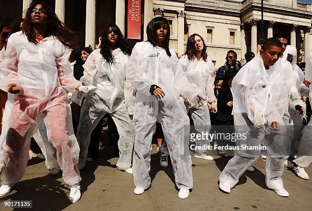 Flashmob re-creates Michael Jackson's iconic zombie dance from the music video Thriller at Trafalgar Square on August 29, 2009 in London, England....