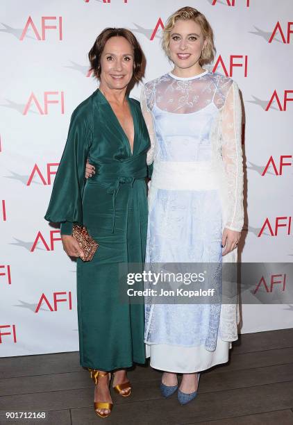 Laurie Metcalf and Greta Gerwig attend the 18th Annual AFI Awards at the Four Seasons Hotel on January 5, 2018 in Los Angeles, California.