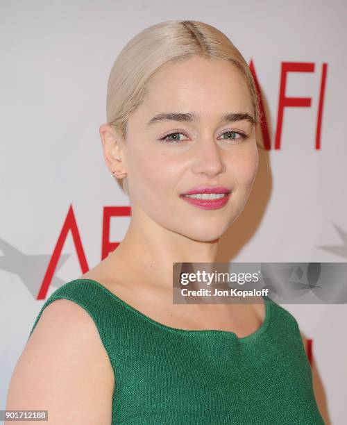 Actress Emilia Clarke attends the 18th Annual AFI Awards at the Four Seasons Hotel on January 5, 2018 in Los Angeles, California.