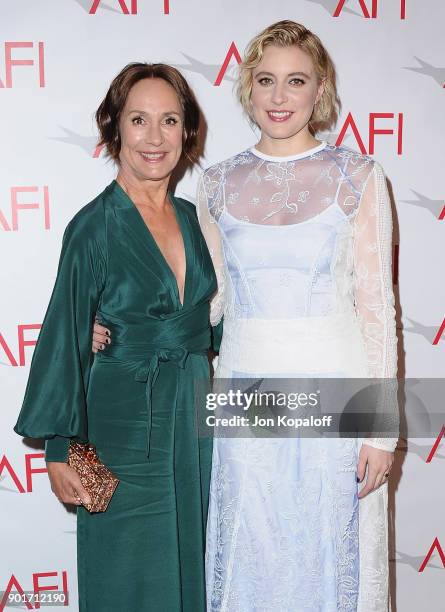 Laurie Metcalf and Greta Gerwig attend the 18th Annual AFI Awards at the Four Seasons Hotel on January 5, 2018 in Los Angeles, California.