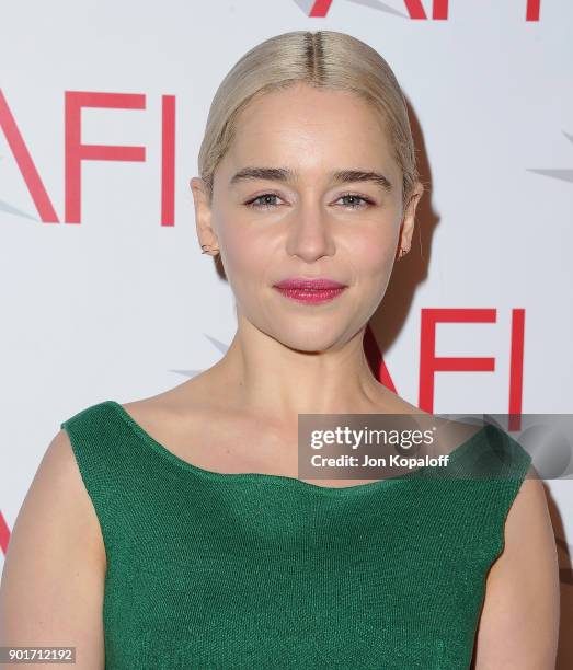 Actress Emilia Clarke attends the 18th Annual AFI Awards at the Four Seasons Hotel on January 5, 2018 in Los Angeles, California.