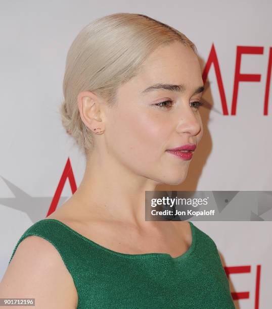 Actress Emilia Clarke attends the 18th Annual AFI Awards at the Four Seasons Hotel on January 5, 2018 in Los Angeles, California.