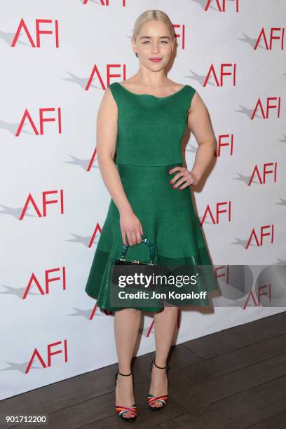 Actress Emilia Clarke attends the 18th Annual AFI Awards at the Four Seasons Hotel on January 5, 2018 in Los Angeles, California.