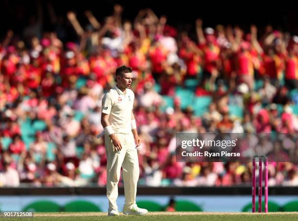 Mason Crane of England reacts while bowling during day three of the Fifth Test match in the 2017/18 Ashes Series between Australia and England at...