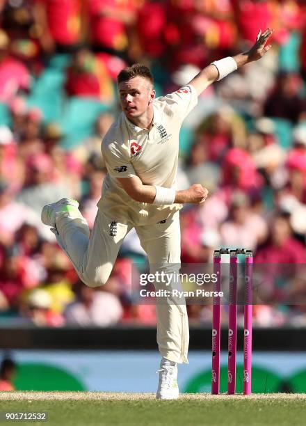 Mason Crane of England bowls during day three of the Fifth Test match in the 2017/18 Ashes Series between Australia and England at Sydney Cricket...