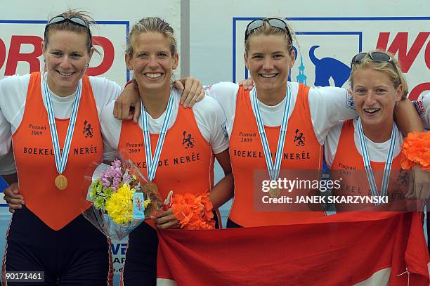 Chantal Achtenberger, Nienke Kingma, Carline Bouw, Femke Dekker of the Netherlands pose on the podium after winning gold medal in the final of the...