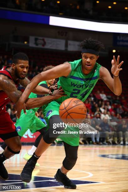 Justin Patton of the Iowa Wolves goes for a loose ball against the Sioux Falls Skyforce in an NBA G-League game on January 5, 2018 at the Wells Fargo...