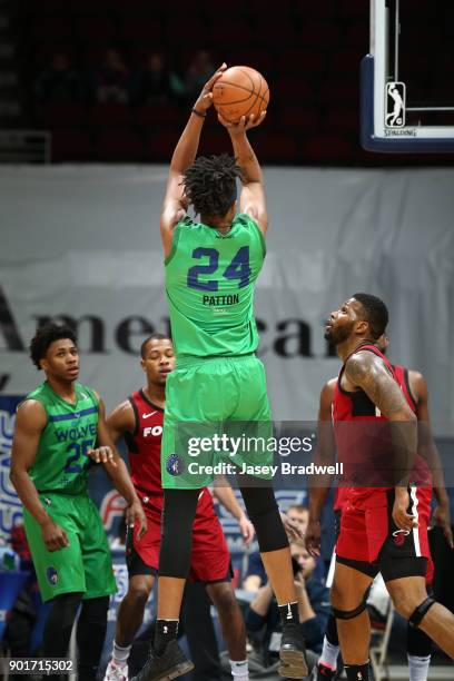 Justin Patton of the Iowa Wolves shoots a jump shot against the Sioux Falls Skyforce in an NBA G-League game on January 5, 2018 at the Wells Fargo...