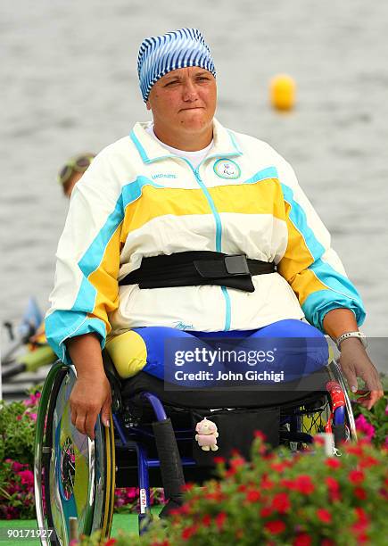 Alla Lysenko of Ukraine wins gold in the Arms and Shoulders Women's Single Sculls during the final of the World Rowing Championships on August 29,...