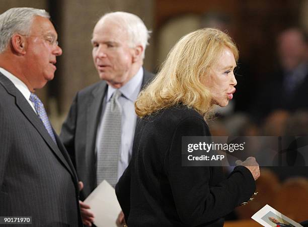 Boston Mayor Thomas Menino , U.S. Senator John McCain and Joan Kennedy , ex-wife of U.S. Senator Edward Kennedy, wait before funeral services for...
