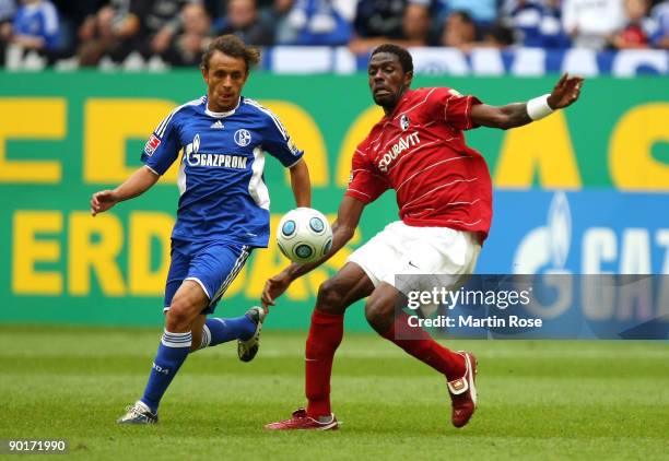 Rafinha of Schalke and Mohamadou Idrissou of Freiburg battle for the ball during the Bundesliga match between FC Schalke 04 and SC Freiburg at the...