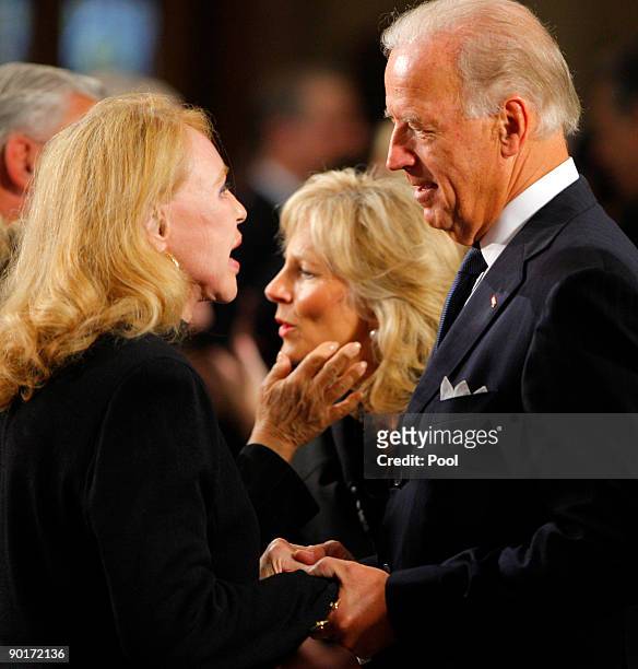 Vice President Joe Biden and his wife Jill talk with U.S. Senator Edward Kennedy's ex-wife Joan Kennedy during funeral services for Sen. Kennedy at...