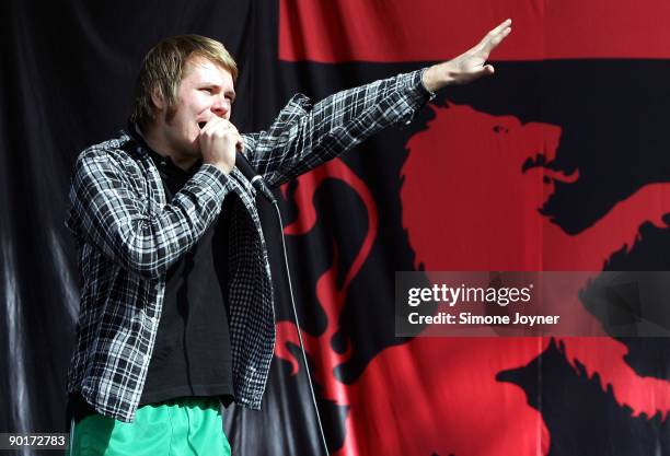 Roughton 'Rou' Reynolds of Enter Shikari performs live on the main stage during day two of the Reading Festival on August 29, 2009 in Reading,...