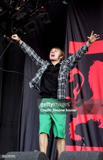 Roughton 'Rou' Reynolds of Enter Shikari performs live on the main stage during day two of the Reading Festival on August 29, 2009 in Reading,...