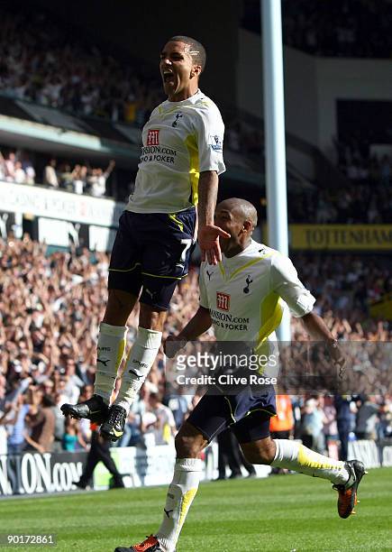 Aaron Lennon of Tottenham Hotspur celebrates his goal during the Barclays Premier League match between Tottenham Hotspur and Birmingham City at White...