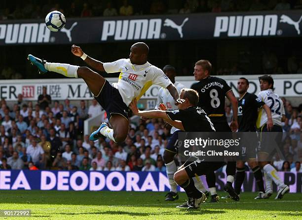 Jermaine Defoe of Tottenham Hotspur shoots at goal during the Barclays Premier League match between Totenham Hotspur and Birmingham City at White...