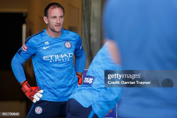 Eugene Galekovic of Melbourne City warms up before the round 14 A-League match between Melbourne City and the Wellington Phoenix at AAMI Park on...