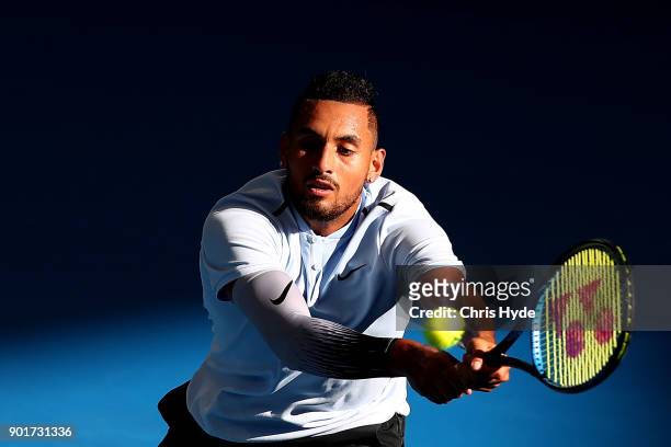 Nick Kyrgios of Australia plays a backhand in his semi final match against Grigor Dimitrov of Bulgaria during day seven of the 2018 Brisbane...