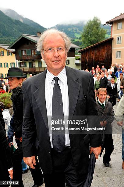 Actor Gerhart Lippert attends the memorial service held for former alpine skiing legend and actor Toni Sailer at the Kitzbuhel Racing area on August...