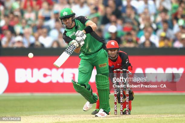 Kevin Pietersen of the Melbourne Stars plays a shot during the Big Bash League match between the Melbourne Stars and the Melbourne Renegades at...