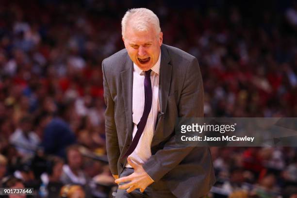 Andrew Gaze head coach of the Kings reacts during the round 13 NBL match between the Sydney Kings and the Perth Wildcats at Qudos Bank Arena on...