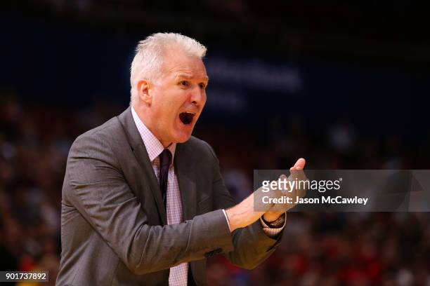 Andrew Gaze head coach of the Kings reacts during the round 13 NBL match between the Sydney Kings and the Perth Wildcats at Qudos Bank Arena on...