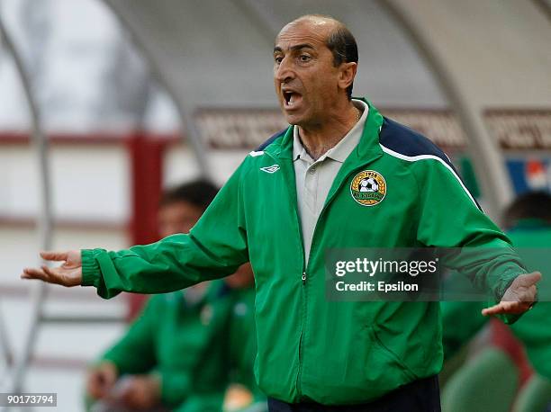 Pogos Galstyan, Head Coach of FC Kuban Krasnodar, reacts during the Russian Football League Championship match between FC Lokomotiv and FC Kuban at...