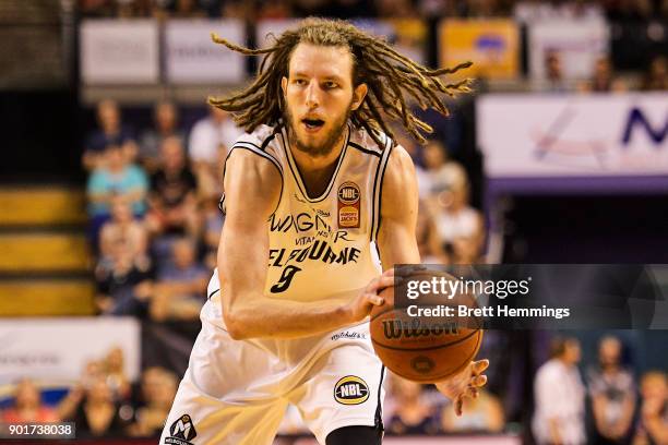 Craig Moller of Melbourne controls the ball during the round 13 NBL match between the Illawarra Hawks and Melbourne United at Wollongong...