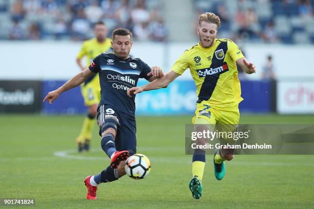 Kosta Barbarouses of the Victory controls the ball during the round 14 A-League match between the Melbourne Victory and the Central Coast Mariners at...