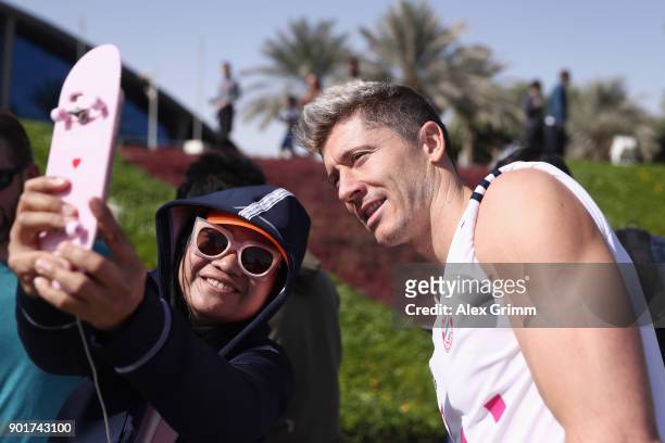 Robert Lewandowski poses for a photo after a training session on day 5 of the FC Bayern Muenchen training camp at ASPIRE Academy for Sports...