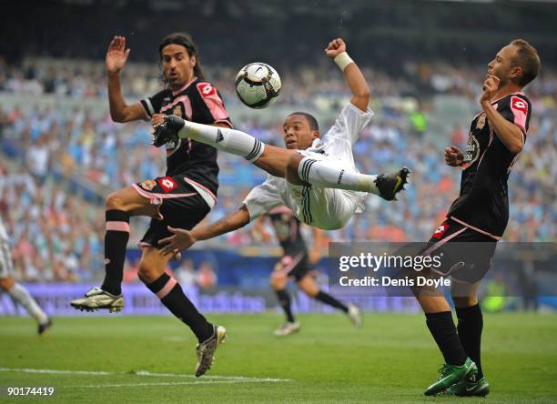 Marcelo of Real Madrid has a shot at goal during the La Liga match between Real Madrid and Deportivo La Coruna at the Santiago Bernabeu stadium on...