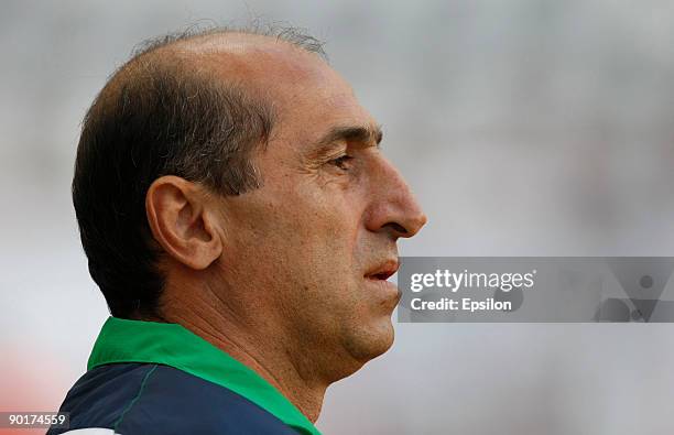 Pogos Galstyan, Head Coach of FC Kuban Krasnodar, looks on during the Russian Football League Championship match between FC Lokomotiv and FC Kuban at...