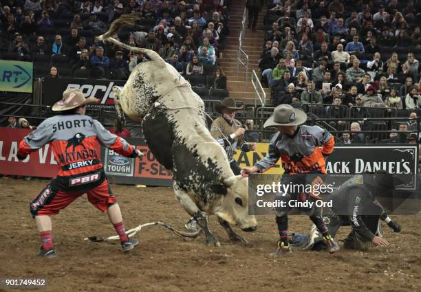 Robson Palermo rides during the 2018 Professional Bull Riders Monster Energy Buck Off at the Garden at Madison Square Garden on January 5, 2018 in...