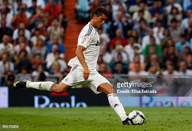 Cristiano Ronaldo of Real Madrid shoots on goal during La Liga match between Real Madrid and Deportivo La Coruna at Estadio Santiago Bernabeu on...
