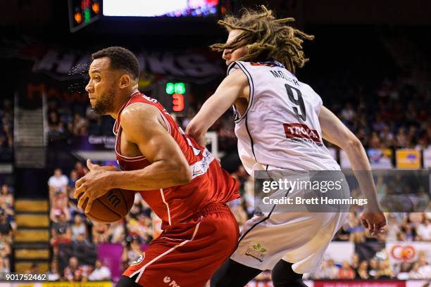 Demitrius Conger of the Hawks controls the ball during the round 13 NBL match between the Illawarra Hawks and Melbourne United at Wollongong...