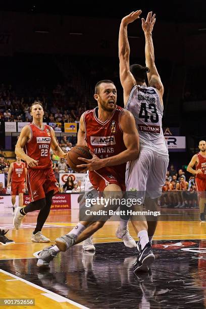 Nick Kay of the Hawks drives towards the basket during the round 13 NBL match between the Illawarra Hawks and Melbourne United at Wollongong...