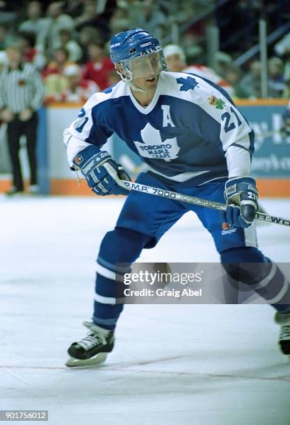 Borje Salming of the Toronto Maple Leafs skates against the Calgary Flames during NHL game action on February 20, 1987 at the Saddledome in Calgary,...